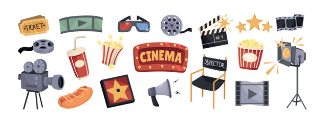 Cinema sticker set. Movie labels or patches with popcorn, camera, producer chair, spotlight, film and 3D glasses. Trendy design elements. Cartoon vector illustration collection isolated on background