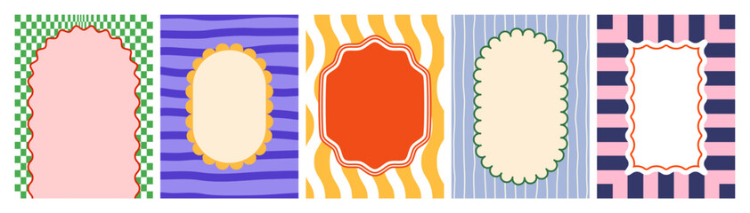 Wavy Frames with Scallop Borders. Vector Rectangles with Wave Edges. Fun Frame Boxes on Cute Groovy Patterns. Abstract Retro Squiggle Shapes
