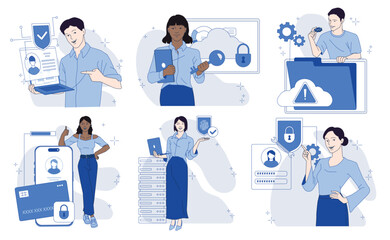 Cloud computing and network safety. Set of scenes with men and women interacting with databases. Cyber security software. Flat outline vector illustration collection isolated on background