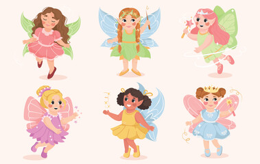 Set of cute fairies. Stickers with adorable magical little girls with wings and magic wands. Fairy princess. Design Element for Baby Clothes. Flat vector illustration collection isolated on background