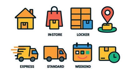 Flat vector icons of customer delivery options: home delivery icon, in-store pickup bag, delivery locker box, pick-up point icon, express shipping, standard shipping, weekend delivery, delivery