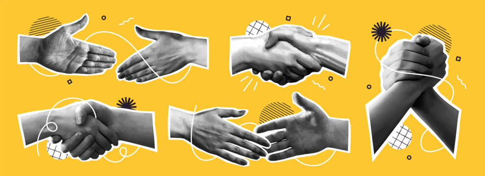 Halftone retro stickers with handshakes. Vintage patch set with hands of entrepreneurs and partners reaching out to each other. Agreement and deal. Realistic vector illustration isolated on background