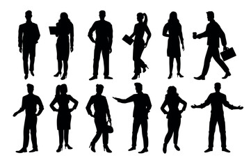 Set of silhouettes of different business people. Dark or black figures of men and women entrepreneurs or office workers going to meeting. Flat vector illustration collection isolated on background