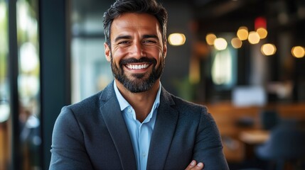 Fototapeta premium Successful and happy businessman in a modern corporate office smiling confidently