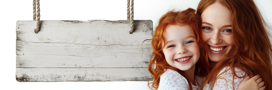 Banner com m&atilde;e e filha se abra&ccedil;ando sorrindo e olhando para a c&acirc;mera, placa de madeira envelhecida com espa&ccedil;o para textos.	