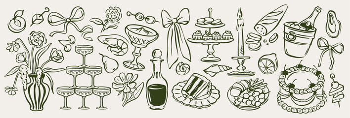 Wedding Dinner Icon Set. Doodle sketches with festive food, cake, champagne and canapes. Design for festive menu and wedding invitation. Hand drawn vector illustration isolated on background