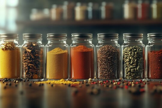 Assortment of aromatic spices in vintage mason jars on rustic wooden tabletop