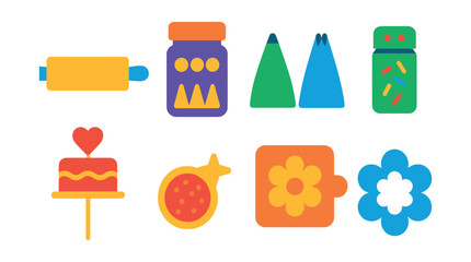 Flat vector icons of decorating elements: fondant roller, edible pearls jar, icing tip set, sprinkle shaker, cake topper icon, edible glitter, stencil for sugar, flower-shaped cutter.