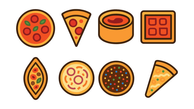 Flat vector icons of international pizza styles: Italian Neapolitan pizza, New York thin slice, Chicago deep dish, Detroit square pizza, Turkish pide with toppings, French tarte flambee, Brazilian