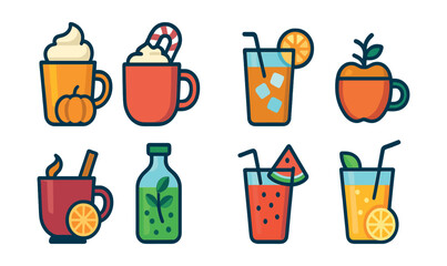 Flat vector icons of seasonal drinks: pumpkin spice latte, peppermint hot chocolate, iced summer tea, autumn apple cider, winter mulled wine, spring herbal tonic, summer watermelon smoothie, chilled