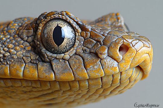 Close up photo of huge and dangerous yellow anacondas (Eunectes notaeusready to attack on white backgroun