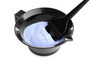 Bowl with hair bleaching powder and brush isolated on white