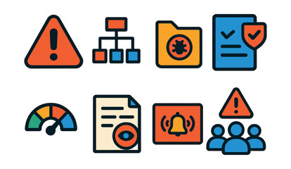 Flat vector icons of cybersecurity alerts and responses: threat alert icon, incident response chart, breach report folder, security audit checklist, risk level meter, suspicious activity log,