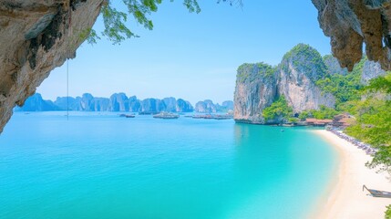 Fototapeta premium Idyllic tropical beach scene viewed from a clifftop cave turquoise water limestone karsts white sand and boats