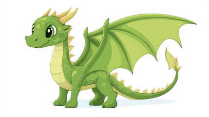 Obraz premium Cute, cartoonish, friendly green dragon with large wings and horns