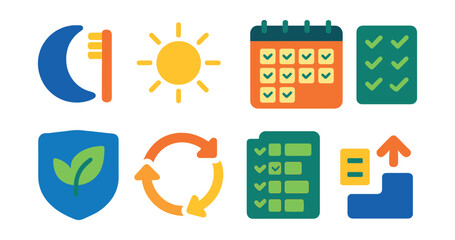 Flat vector icons of healthy routines and structure: bedtime routine icon, morning ritual sun, balanced day planner, daily rhythm tracker, weekly care goals, restore routine badge, habit loop diagram
