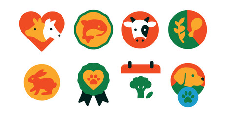Naklejka premium Flat vector icons of animal protection awareness: farm animal heart icon, save the animals badge, dairy-free for cows poster, ethical eating chart, wildlife respect symbol, animal welfare ribbon,