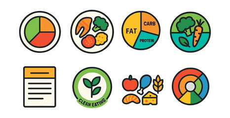 Flat vector icons of balanced meal planning: plate with portions icon, healthy meal template, protein-carb-fat balance chart, vegetable half-plate rule, nutrition label card, rainbow food wheel,