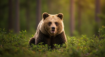 Brown Bear Sitting Calmly in Forest Clearing Sunlight