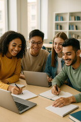 Étudiants souriants de diverses origines collaborant sur ordinateur à l'université, ambiance lumineuse et moderne, travail d'équipe et entraide dans un cadre académique convivial