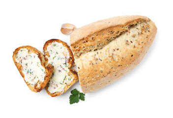 Tasty bread with garlic, herbs and butter isolated on white, top view