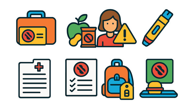Flat vector icons of school and child allergy safety: lunchbox allergy card, allergy-safe snacks icon, teacher alert symbol, epi-pen icon, medical info form, allergy action plan, backpack tag,