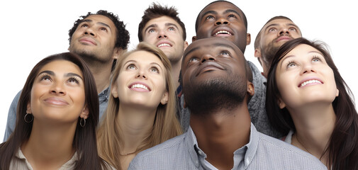 A group of people are looking up at something, with some of them smiling