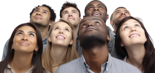 A group of people are looking up at something, with some of them smiling