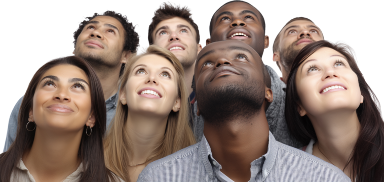 A group of people are looking up at something, with some of them smiling
