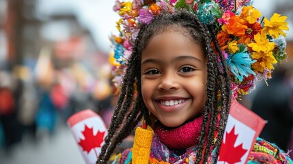 Fototapeta premium Smiling young girl in colorful floral crown and Canadian flags