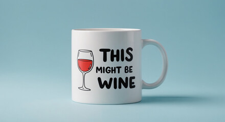 Side shot of white coffee cup with quote "This might be wine" in fun handwritten font against clean pastel blue background, humorous coffee concept 