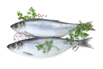 Salted herrings and spices on white background, top view
