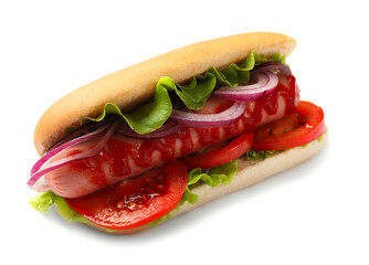 Tasty hot dog with tomato, onion, lettuce and ketchup on white background