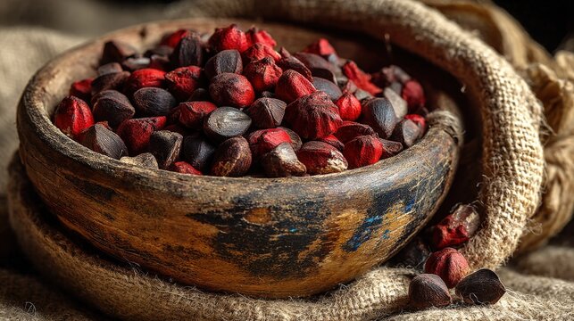 Wooden bowl of achiote seeds glowing brightly on linen fabric with textured detail