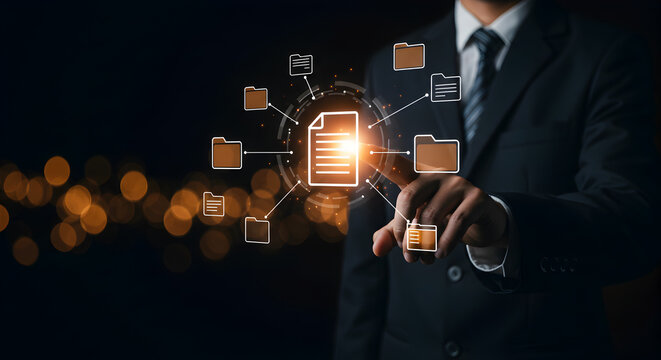 A businessman interacting with digital document and folder icons in a dark bokeh background setting