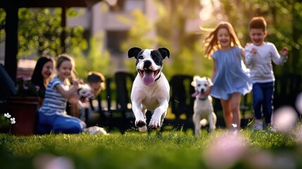 Obraz premium Joyful Children and Playful Dogs in a Sunny Backyard Setting Embracing Summer Fun and Candid Moments of Childlike Delight