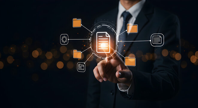 A businessman interacts with a digital interface displaying file management and data organization icons