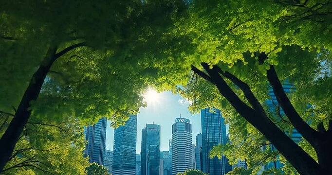 The sun shines through the leaves of trees, framing a view of city buildings.