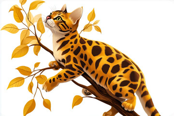 Illustration of a spotted cat climbing a tree branch decorated with golden autumn leaves calmly