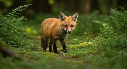 Fototapeta premium Fox Standing in Forest Clearing Looking at Camera