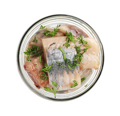 Pieces of delicious herring with dill in jar isolated on white, top view