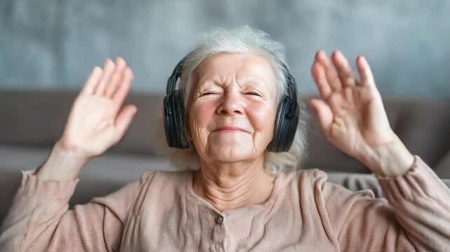 Smiling senior woman with closed eyes wearing headphones and enjoying music while raising her hands expressing positive feelings