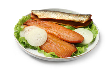 Delicious smoked herring fillets with onions and lettuce isolated on white