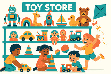 Group of children playing with toys in a toy store