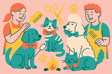 Fototapeta premium Cartoon drawing of a man and a woman with a dog and a cat