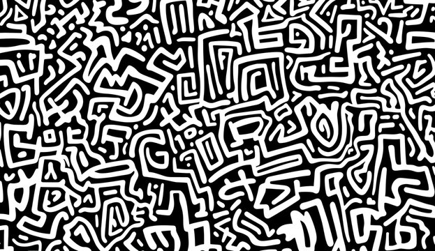 Fototapeta Abstract black and white pattern with intricate maze-like designs.  Intricate, stylized shapes create a complex, textured background