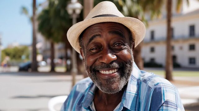 Smiling senior black  man looking at the camera at an European city in summer