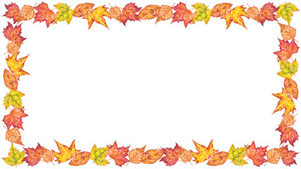 Hand drawn watercolor illustration. Frame of various autumn leaves painted in watercolor. Colorful illustration of autumn leaves for birthday, wedding, thanksgiving, holidays. Any creative designs.