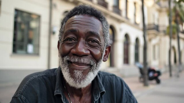Smiling senior black  man looking at the camera at an European city in summer
