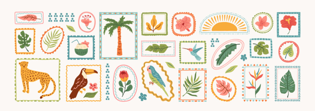 Tropical wild animals, birds, flowers and exotic plant. Hand drawn leopard, palm tree, toucan, proteus flower, hibiscus, parrot, monstera, plumeria. Set of  jungle sticker. Vector flat illustration.